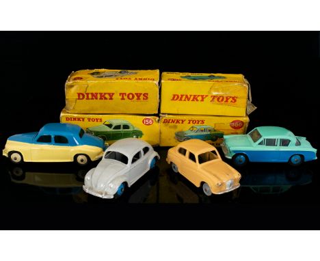 Dinky Diecast, Four Models In Original Boxes. 156 Rover 75 Saloon, 160 Austin A30 Saloon, 166 Sunbeam Rapier Saloon And 181 V