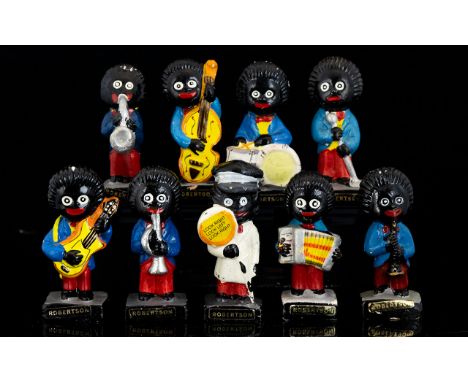 Robertson's Jam Early Period Handpainted Jazz Golly Band.Set of eight (8) figures plus Lollipop man figure.  Circa 1960s.  Al