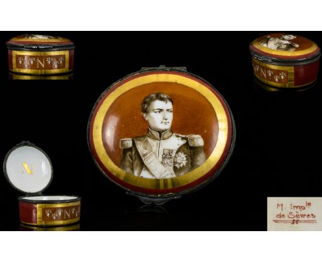 Sevres - French Empire 1st Period Rare Hand Painted Porcelain Box with Hinged Lid. Bearing Portrait of Napoleon 1st and Imper