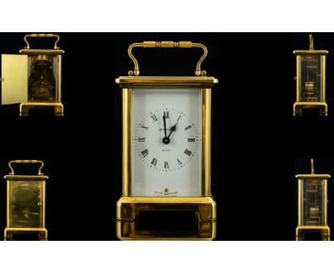 Duverdrey and Bloquel France 8 Day Brass Carriage Clock. Features Open Visible Escapement, 7 Jewels, Unadjusted, White Porcel