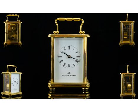 Matthew Norman Superb Quality - Heavy Brass Carriage Clock with White Porcelain Dial, Black Numerals. Excellent Condition wit