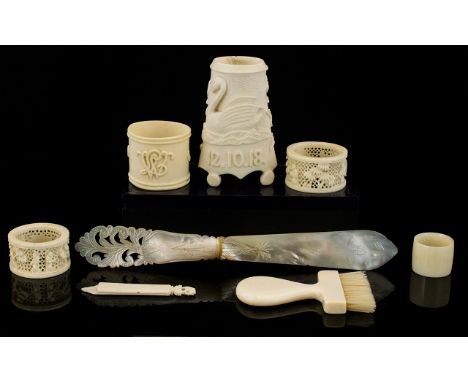 Early 20th Century Collection of Small Carved Ivory Pieces ( 7 ) In Total + a Fancy / Ornate Mother of Pearl Letter Opener. T