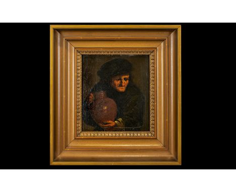 Untitled Oil On Panel In The Manner Of Adriaen Brouwer (1605 -1638) Depicting a male figure bearing a ceramic jug. 19 x 17 cm