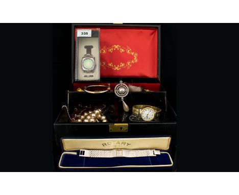 A Mixed Collection Of Costume Jewellery To include, faux pearls, earrings, y-shaped crystal set necklace, boxed Rotary wristw