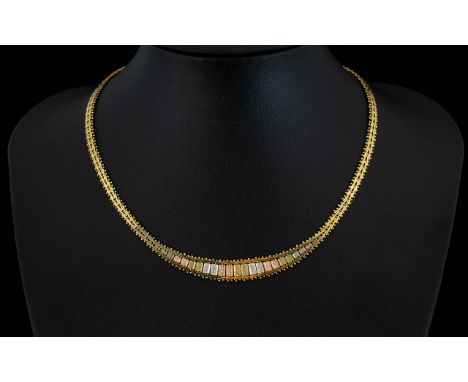 Ladies - Retro 9ct Multi-Colour Gold Chevron Design Necklace / Collar. c.1970's. Fully Hallmarked 9.375. In As New Condition 