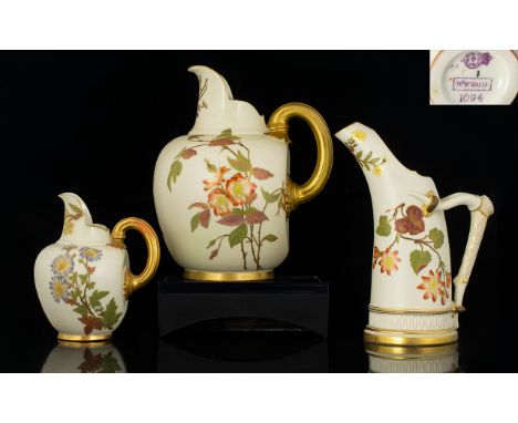 Royal Worcester - Nice Quality Small Collection of Hand Painted Blush Ivory Jugs ( 3 ) In Total. All with Painted Images of S