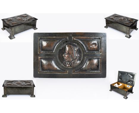 Arts And Crafts Planished Copper Cigarette Box In the Manner Of Liberty &amp; Co.  The hinged top marked with registration, r