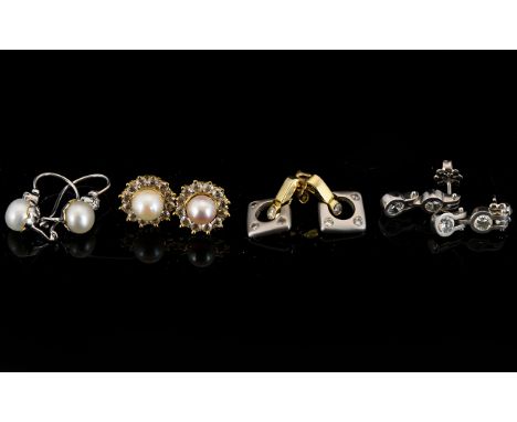 A Collection Of Contemporary 14ct Gold And CZ Set Earrings Four pairs in total to include geometric stud earrings with cz chi