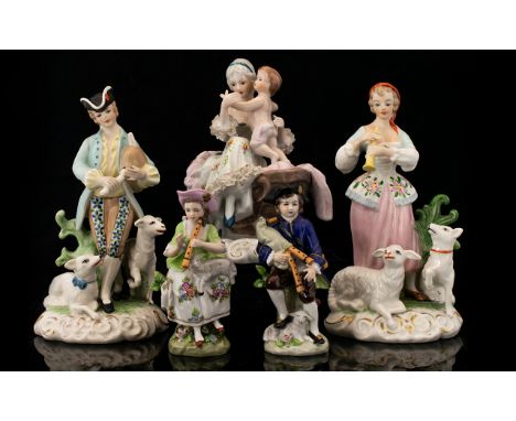 A Collection Of Five Continental Style Ceramic Figures Antique earthenware figures, various back stamps, each in good conditi
