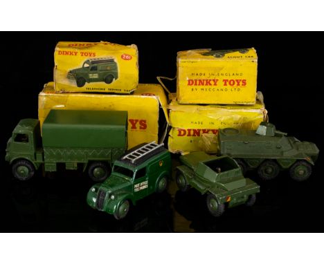 Dinky Diecast, Four Models In Original Boxes. 623 Army Covered Wagon, 676 Armoured Personnel Carrier, 675 Scout Car And 261 T