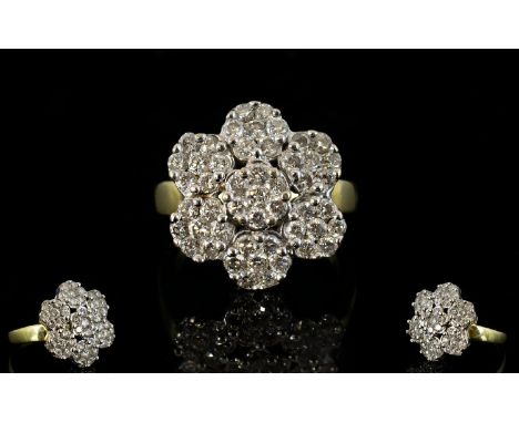 18ct Gold - Attractive Diamond Set Cluster Ring, Flower head Design. Fully Hallmarked, The Diamonds of Good Colour and Clarit