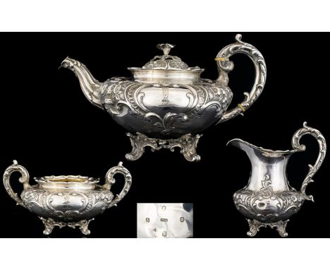 William IV Scottish - Fine Quality Repousse Silver 3 Piece Tea Service Of Superb Quality and Solid Construction, By The Highl