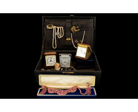 A Stationary Box Containing A Small Lot Of Costume Jewellery To include Cameo in silver frame, Silver fob dated 1834, travel 