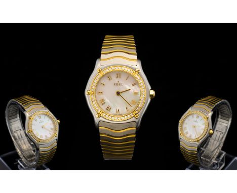 Ebel Ladies Bimetal Wristwatch In 18ct Gold And Stainless Steel Mother of pearl dial, gilt Roman numerals and diamond set bez