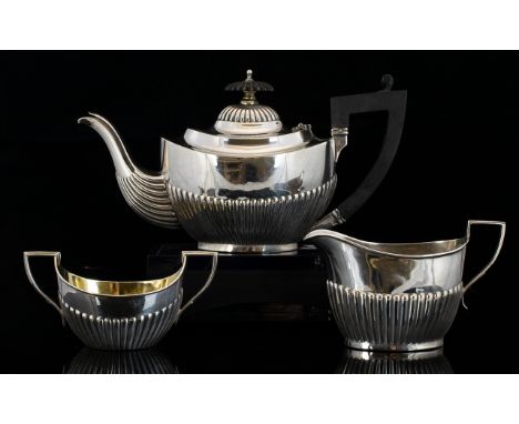 Edwardian Period Bachelors 3 Piece Silver Tea Service, Ribbed Half Bodies - Good Shape. Hallmark Birmingham 1902, Maker J.G. 