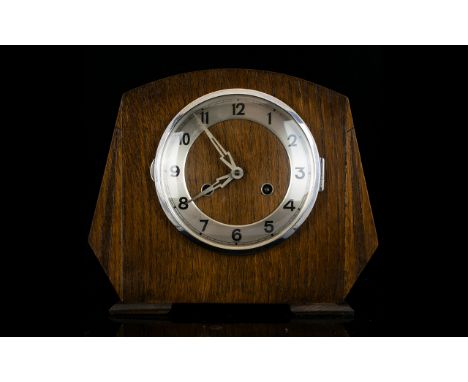 Early 20th Century Mantle Clock Of Typical form, in wooden case with silvered dial with Arabic numerals. Width 8 inches. Plea