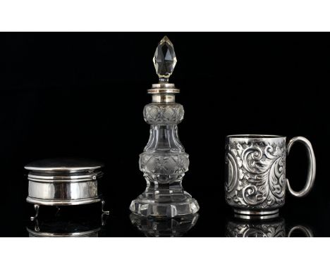 A Collection of Antique Silver Items ( 3 ) In Total. Comprises 1/ Edwardian Period Silver Collar Cut Crystal Scent Bottle. Ha