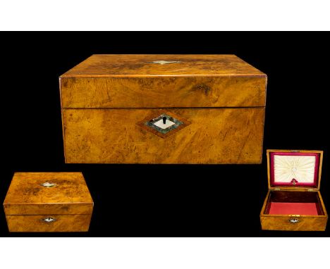 Ladies - Burr-Walnut Victorian Period Hinged Sewing Box with Mother of Pearl Escutcheon's - Inlaid Top, No Interior. 5.5 Inch