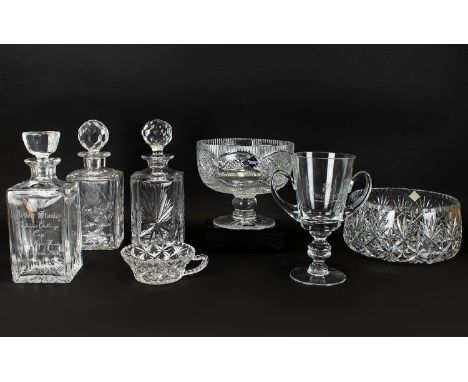 A Collection of Edinburgh Crystal which includes:  boxed decanter with stopper, decanter with stopper, large fruit bowl, frui