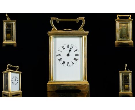 English - Heavy and Superb Quality Brass Carriage Clock with Glass Panels, Visible Lever Platform Escapement, White Porcelain