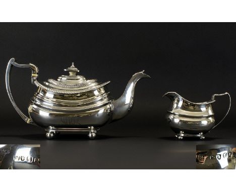 George III - Silver Teapot with Matched Milk Jug of Superb Shape and Design, Raised on Ball Feet. Hallmark London 1819, Maker