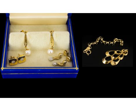 Ladies 9ct Gold Pair of Pearl and Diamond Set Earrings - 3 pairs in total, plus a 9ct gold Pendant Drop.  Please see photos.5