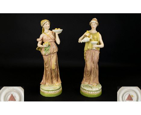 Royal Dux Bohemia Fine Quality Pair of Impressive Hand Painted Porcelain Figurines. c.1900. Depicts Classical Maidens / Atten