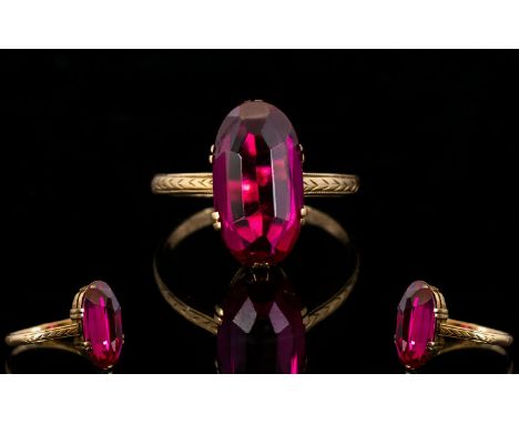 Russian Gold, Quality and Attractive Early Period 14ct Gold Single Stone Synthetic Ruby Ring. Wonderful Colour Est Weight 2.0