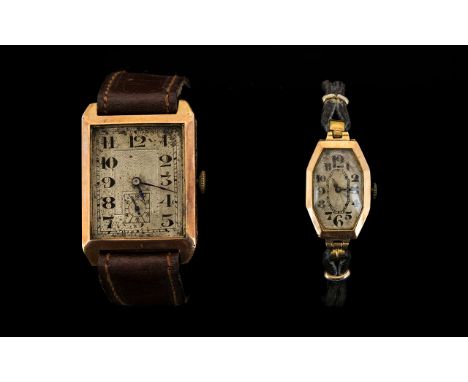 Gents Art Deco 9ct Gold Wristwatch Of rectangular form, silver engine turned dial with Arabic numerals and subsidiary seconds