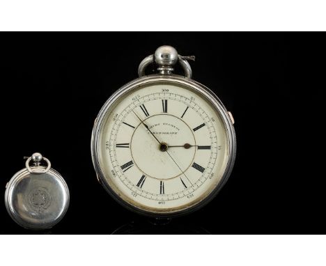 Victorian Period Large and Heavy Open Faced Silver Chronograph Pocket Watch with Gold Slide Button. Hallmark Chester 1883. 55