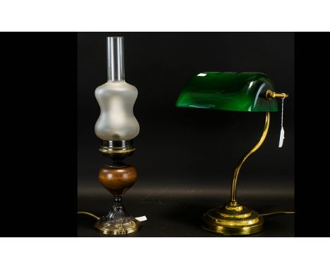 Bankers Lamp, Reproduction lamp of typical form with brass base and green glass shade. Together with reproduction art nouveau