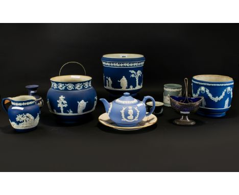 A Collection Of 19th And 20th Century Jasperware Items To include two large Wedgwood and Adams Tunstall jardinieres depicting