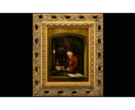 Unsigned 19th Century Portrait, a man dressed in 18th century attire, studying a picture book, by a window in his study; oil 