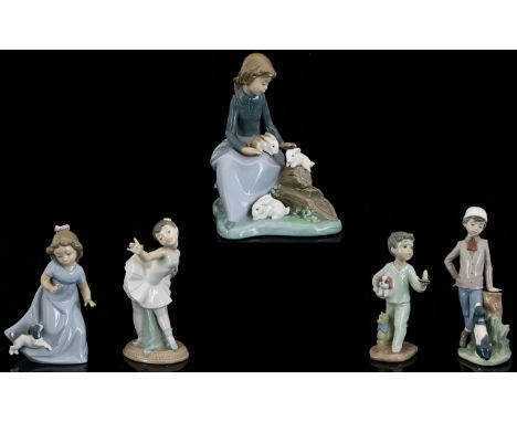 Nao by Lladro Good Collection of Assorted Porcelain Figurines ( 5 ) Five In Total, Young Girls and Boys with Animal Figures, 