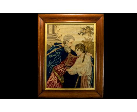 Antique Framed Tapestry Polychrome cross stitch panel depicting biblical/historical subject matter with two male figures. Hou