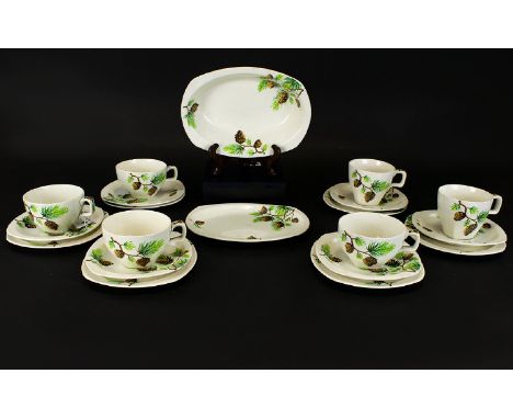 Midwinter Acorn Pattern 20 Assorted Pieces Circa 1950s. Includes 5 saucers, 4 teacups (slight chip to one), 2 coffee cups, 7 