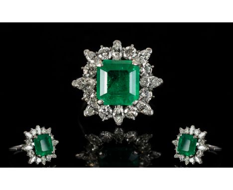 18ct White Gold Emerald and Diamond Set Cocktail Ring, The Central Emerald of Excellent Natural Colour, Est Weight 6.00 cts. 