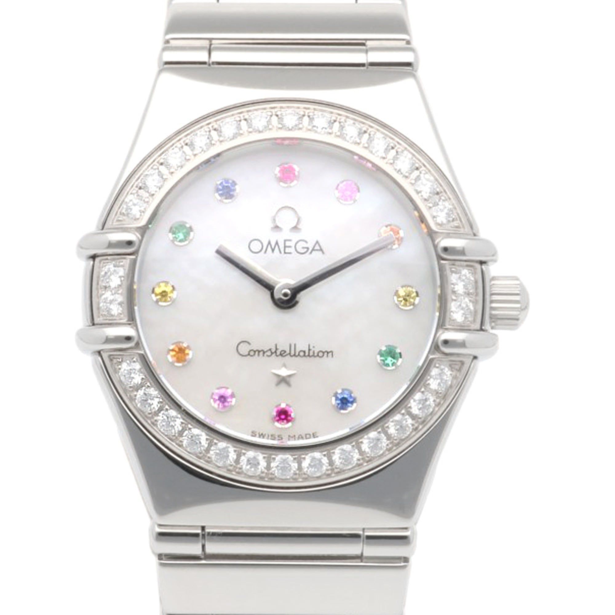 Omega Constellation Iris watch, stainless steel, quartz movement, women's, diamond bezel, multi-ston