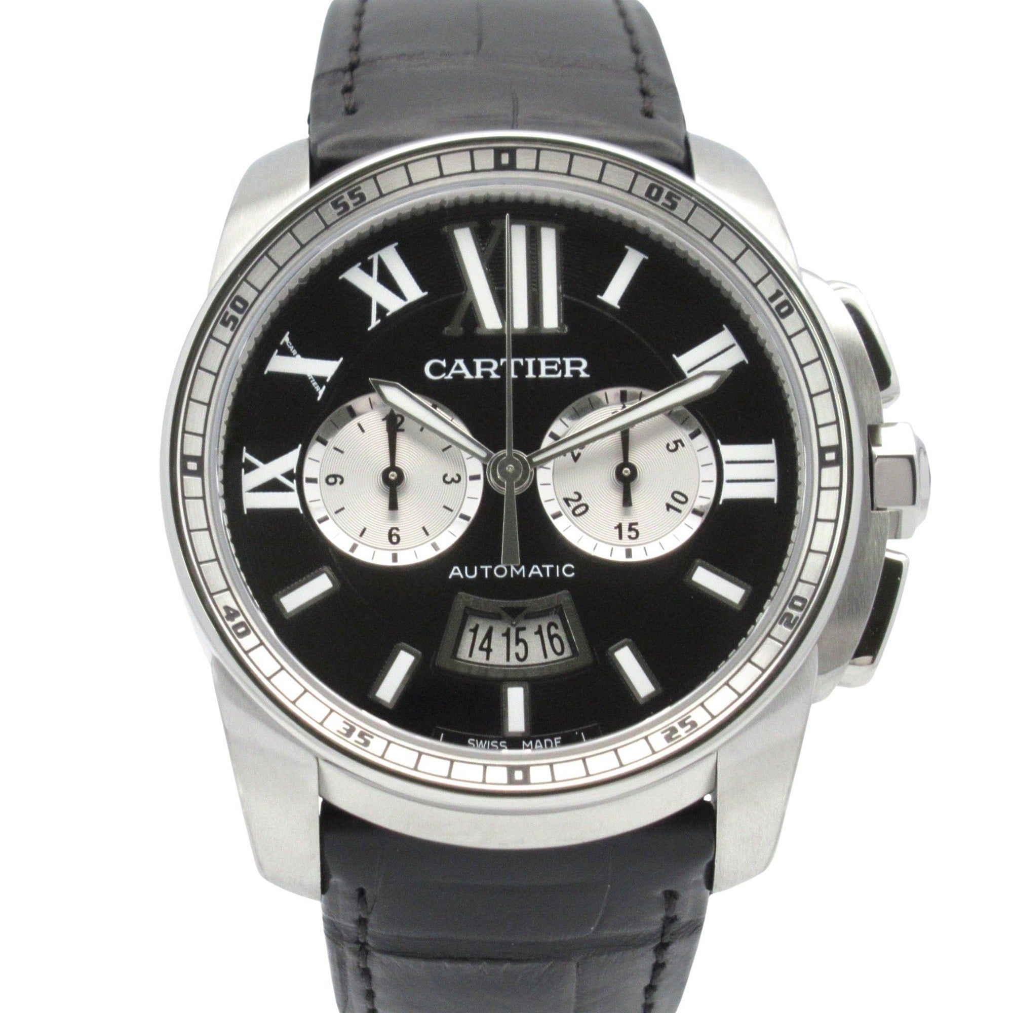 Cartier Calibre de Chronograph Wristwatch, Stainless Steel and Leather, Men's, Black, W7100060