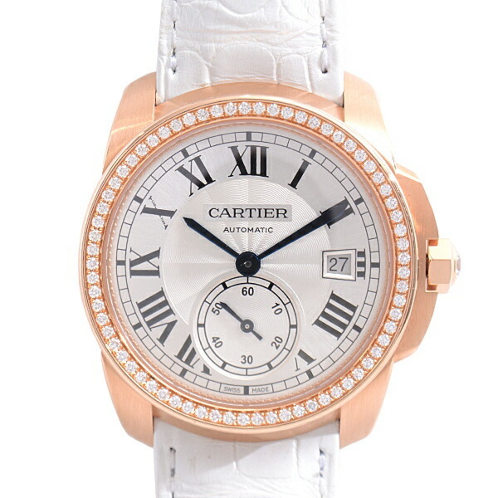 Cartier Watch Men's Calibre de Automatic Diamond Bezel Silver Dial Pink Gold Genuine Diamonds 750PG