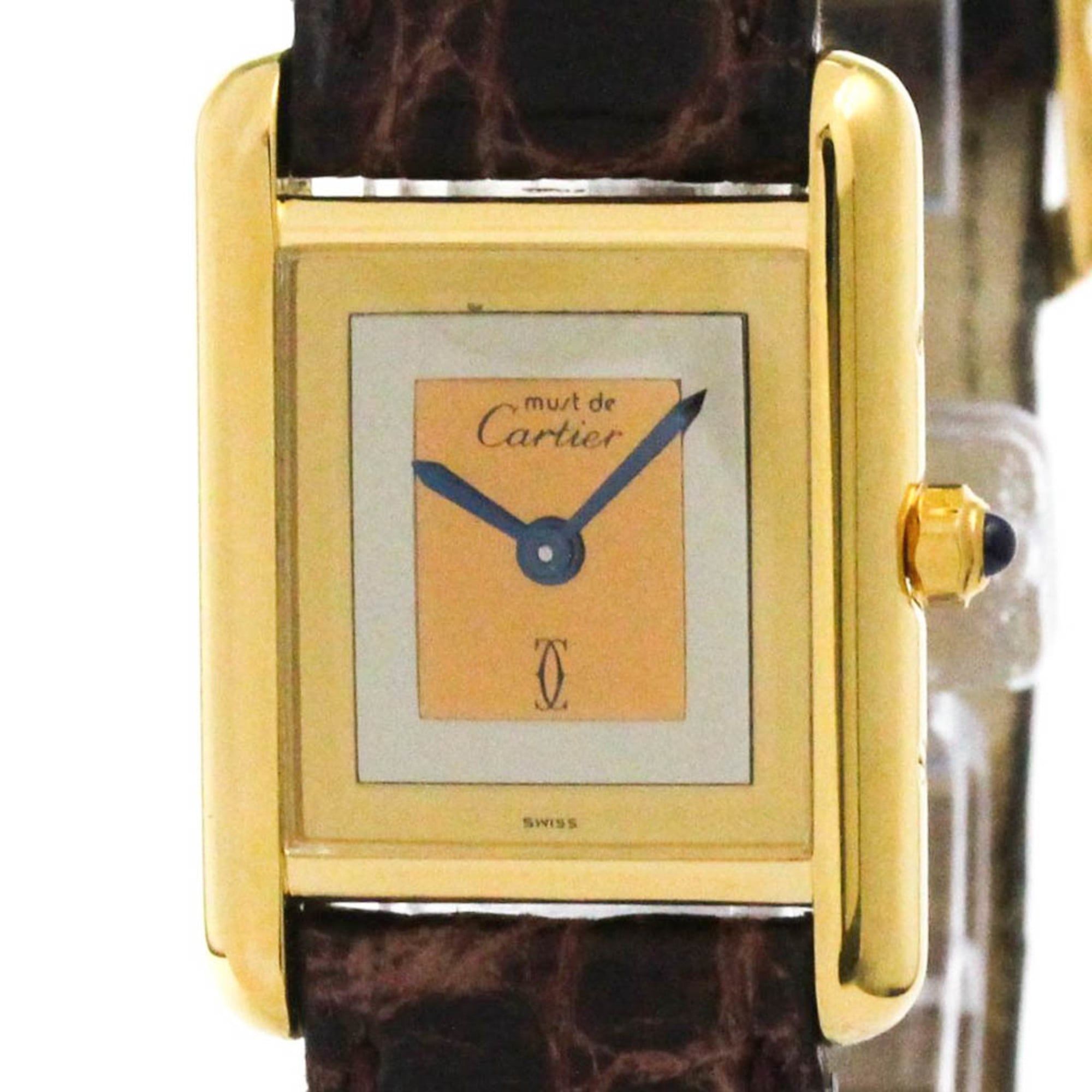 CARTIER Must Tank Gold Plated Leather Quartz Ladies Watch 366001