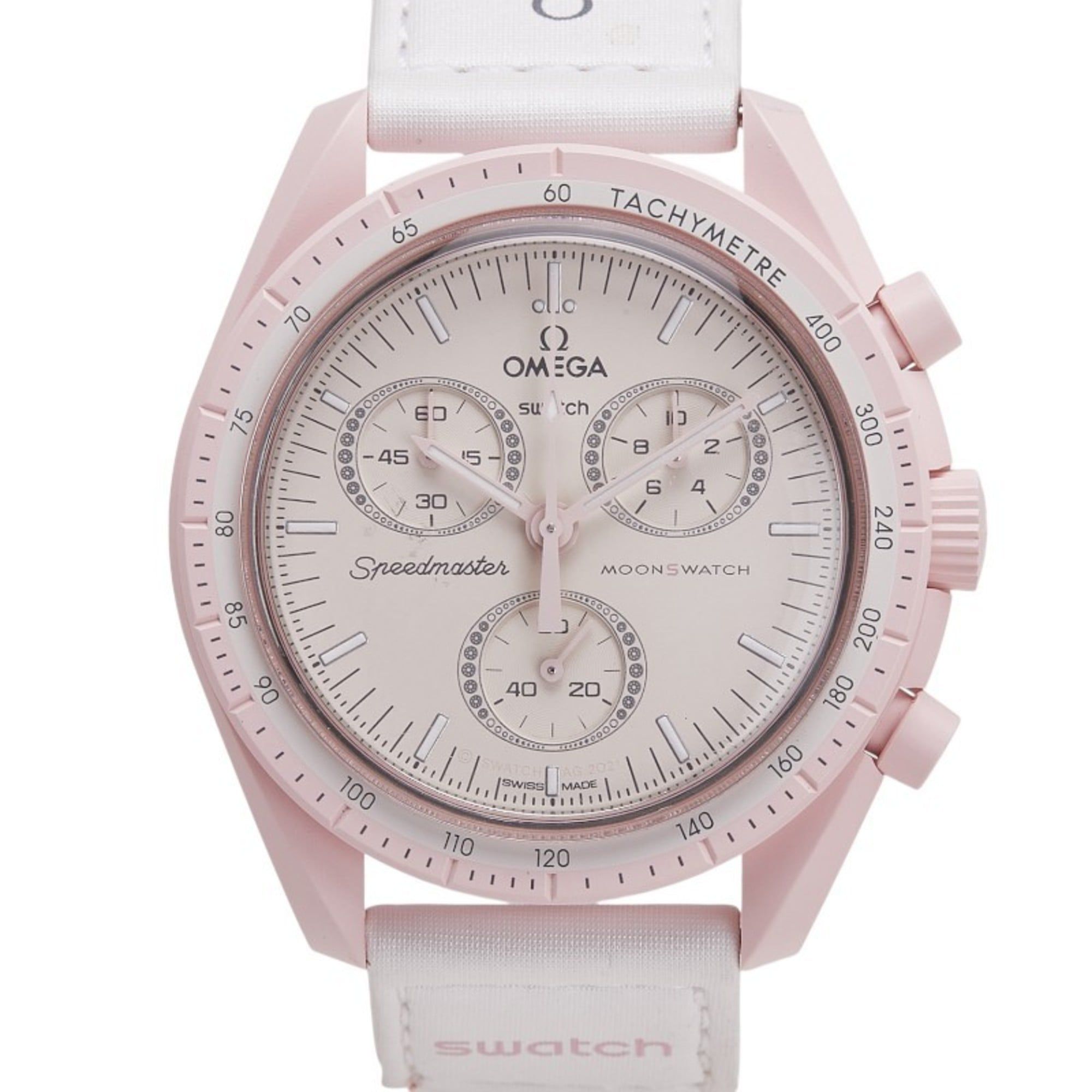 OMEGA x Swatch Speedmaster Moon Mission to Venus Watch SO33P100 Quartz Beige Dial Ceramic Nylon Men'