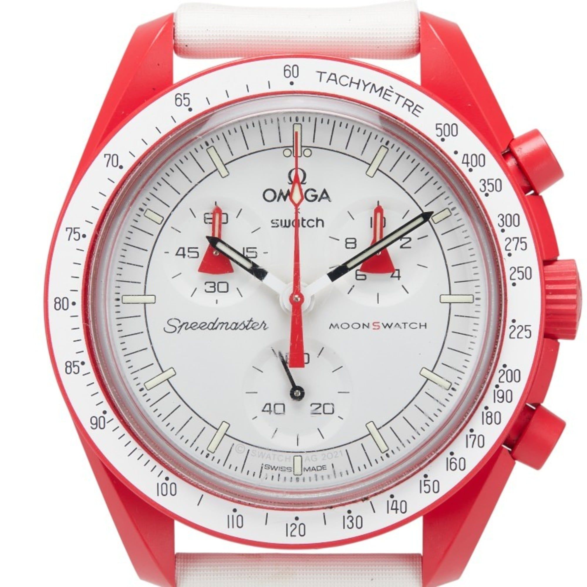OMEGA x Swatch MoonSwatch Mission to Mars Watch SO33R100 Quartz White Dial Ceramic Nylon Men's