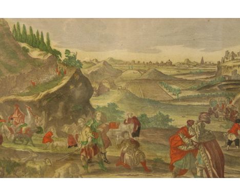A 19th century coloured print depicting Moses and soldiers, framed. H.45 W.54cm. 