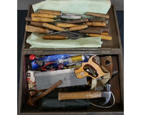 An early 20th century folding toolbox together with a large selection of manual tools. H.12 W.50 D.30cm 