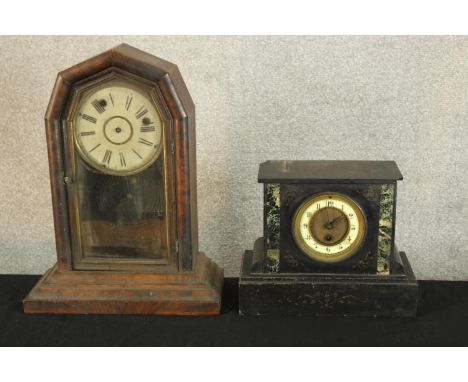 A 19th century marble mantle clock, raised on plinth base, together 19th century walnut cased mantle clock raised on plinth b