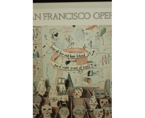 A framed advertising poster for the San Francisco Opera 1982 Summer Festival designed by David Hockney for the Bedlam scene i