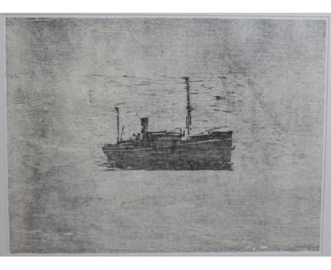 Unsigned framed pen and ink effect print of a boat on the water, framed together with a similar framed print of a fishing boa