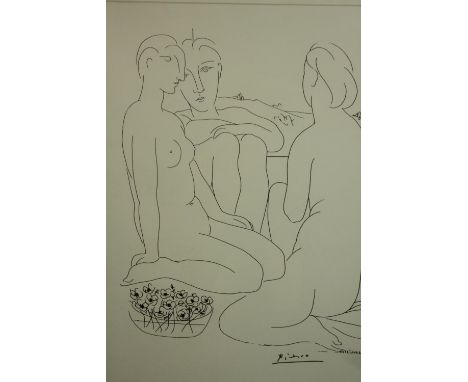 After Pablo Picasso, three nude figures sitting by some flowers, framed print on paper. H.115 W.83cm. 