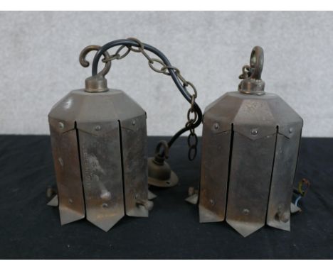A pair of mid 20th century octagonal brass hanging light fittings. H.17 W.13 D.13cm 